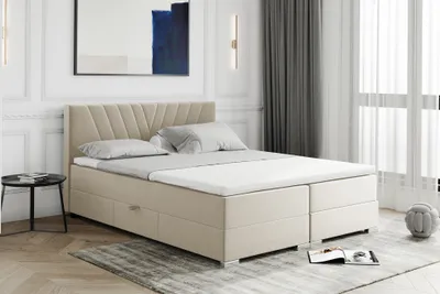 Produktbild von MEBLINI Boxspringbett mit Bettkasten - Gepolstert Doppelbett mit Matratze und Topper - Polsterbett mit Stauraum - Bett mit Kopfteil - Stauraumbett - BERNI - 180x200 - H3B/Beige Samt