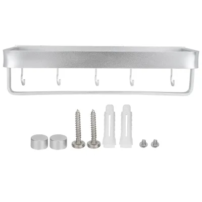 Image de Étagère murale de 40 cm avec barre et crochets – étagère de douche et de cuisine, rangement multifonctionnel pour la salle de bains et la cuisine, peu encombrante