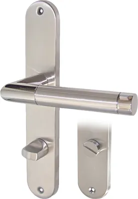 A stainless steel door handle set with a long escutcheon plate and a WC turn and release.