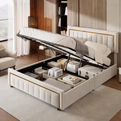 Immagine prodotto di Letto imbottito UnboxG 160x200cm, letto a molle idrauliche, letto per ragazzi letto matrimoniale con rete a doghe e contenitore, letto contenitore, velluto, beige
