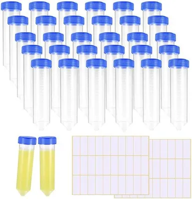 Produktbild von Laboratoriumreagenzien - 26 Stück 50ml Plastikröhrchen mit Dichtungen - Zentrifugenröhrchen - Behälter für Laborflüssigkeiten mit Etiketten