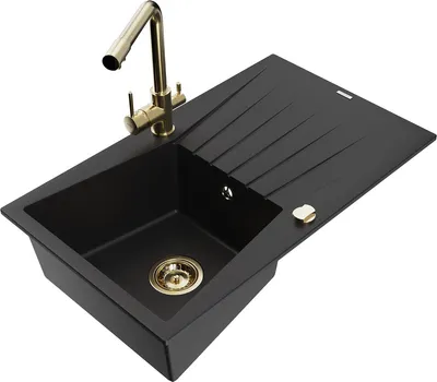 Produktbild von Mexen Cesar 1 Becken-Granitspüle mit Abtropffläche und Mischbatterie Duero, Schwarz - 6514-77-671600-50