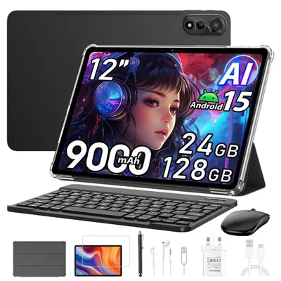 Produktbild von Mega2 12 Zoll Tablet mit Tastatur Maus Stift Kopfhörer 24GB RAM+128GB 2TB Tablets Android 15 FHD+ Gaming Tablet 4G LTE + WiFi 16MP+8MP 9000mAh PC Schwarz
