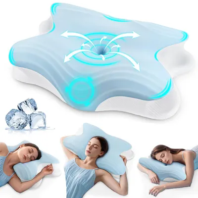 Image de Coussin cervical, 62x42x13/11 cm, en mousse à mémoire de forme, de couleur bleu ciel, pour les voyages