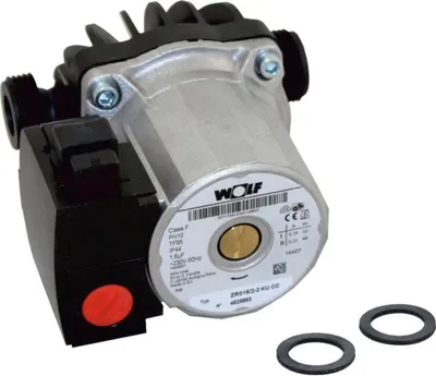 A close-up studio shot of a Wolf brand circulation pump.