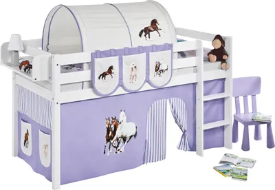 Produktbild von Lilokids Spielbett JELLE Pferde Lila Beige - Hochbett - weiß - mit Vorhang - Maße: 113 cm x 208 cm x 98 cm; JELLE2054KW-PFERDE-LILA
