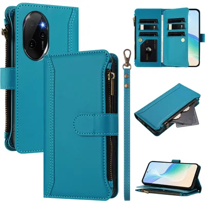 Image de Etui pour Honor 100 Pro, zippé, portefeuille Etui à rabat en cuirPolyuréthaneavec poches pour cartes, support et dragonne Bleu lac