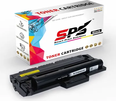 A black toner cartridge is shown in front of its packaging.