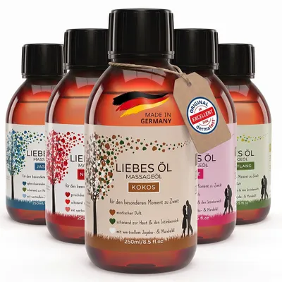 Produktbild von MakeLove Massageöl Liebesöl Set: 5 x 250ml (Neutral, Rose, Jasmin, Kokos & Ylang Ylang) für Erotische Massage | Partnermassage | Tantra