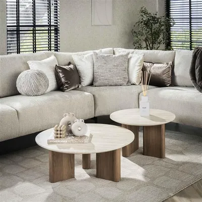 Produktbild von Hoyz Collection - Romano Couchtisch mit rechteckigem Bein - Keramik-Travertin - 2er-Set