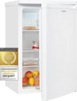 A white Exquisit refrigerator with its door open, showing shelves and some fruit inside. A German customer award badge is attached to the left side.
