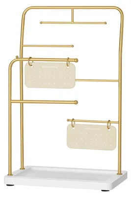 Obrázok produktu pre Zlatý stojan na šperky s držiakom na náušnice – oceľ/zamat – 13 x 21,5 x 33,7 cm