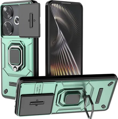 Immagine prodotto di Custodia per Xiaomi Redmi Turbo 3 a doppio strato con protezione scorrevole della fotocamera e supporto ad anello, verde stand