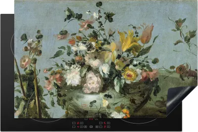 Produktbild von KitchenYeah© Herdabdeckplatte Blumen - Alte Meister - Ölfarbe , 81x52cm, Küche Deko, Glaskeramikkochfeld Herdabdeckung, Abdeckplatte fùr Kochfeld