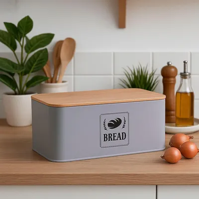 Image de Boîte à pain avec couvercle en bambou - Design rétro, boîtier en métal