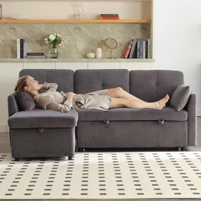Produktbild von Modulares Schlafsofa mit Ausziehbett, L-förmige Schlafsofas, Chaiselongue-Schlafsofa, 3-Sitzer-Cord-Schlafsofa mit Stauraumsitzen, Dunkelgrau