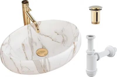 Produktbild von ECOLAM Aufsatzwaschbecken Keramik Lava Linda 48 x 34 cm matt Handwaschtisch Waschbecken Waschschale Marmor-Effekt oval Glamour + Click-Clack Gold glänzend + Siphon