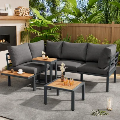 Produktbild von Flieks Gartenlounge-Set 4-tlg. mit Beweglicher Beistelltisch, Gartenmöbelset 4-5 Personen, Gartensofa mit Kissen, Balkonmöbel Terassenmöbelset Grau