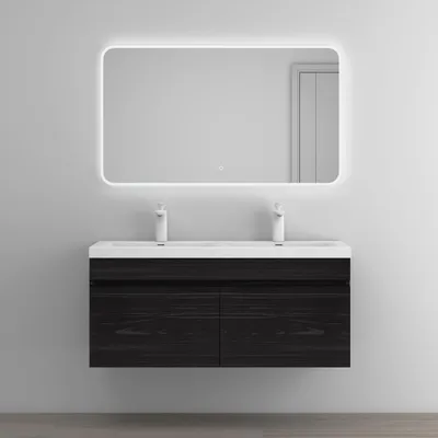 Image de doporro Meuble de Salle de Bain Noir Texturé Ensemble de 3 Pièces Meuble avec Lavabo 120cm et LED Miroir Design Botanica avec 2 Grands Tiroirs