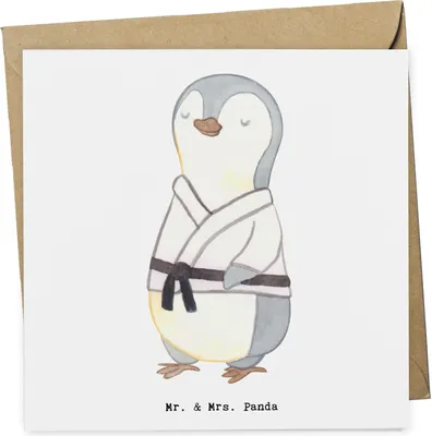Produktbild von Mr. & Mrs. Panda Grußkarte Pinguin Karate - Weiß - Geschenk, doppelkarte, anlasskarte, Kampfkunst, Selbstverteidigung, Kampfsportart, Klappkarte, Verein, faltkarte