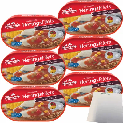 Produktbild von Hawesta Heringsfilets Mexiko-Sauce MSC 6er Pack (6x200g Dose) + usy Block