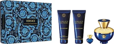 Produktbild von Versace Dylan Blue Pour Femme Set Eau de Parfum, 100 ml + Duschgel, 100 ml + Körperlotion, 100 ml + Eau de Parfum Miniatur, 5 ml