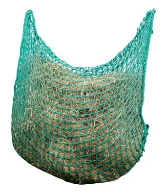 A green hay net filled with hay, isolated on a white background.