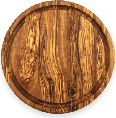 Produktbild von Schneidebrett rund mit Saftrille "The Goldcoin" Ø 32 cm handgemacht aus Olivenholz