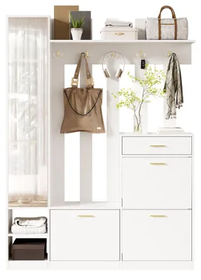 Produktbild von Merax Garderobenset, Wandgarderobe mit Haken, Spiegelschrank, Schuhkipper mit 3 Klappen, Sitzbank und Schublade, Garderobenständer, Flur Möbel, Weiß