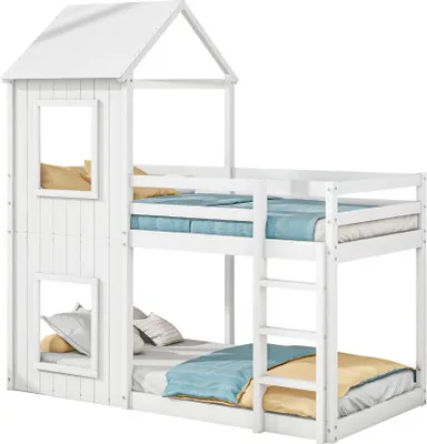 Produktbild von 90x200cm Weiß Kinderbett (Ohne Matratze) mit Leiter und Geländer Kiefer Massivholz Etagenbett  mit Fallschutz