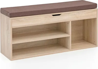 Produktbild von Schuhbank WL5.344 mit Sitzfläche Garderoben-Bank Holz 104x51x32 cm Sonoma, Holzbank klein gepolstert, Sitzbank schmal Flur mit Stauraum, Truhenbank Schuhtruhe Flurmöbel