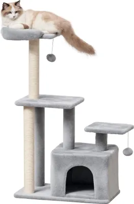 Obrázek produktu pro Škrabadlo pro kočky – kočičí věž – výška 114 cm – 4 úrovně s úkrytem – sisalové sloupy a hračky (míčky) – světle šedá barva