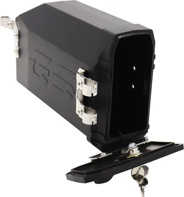 A black motorcycle tool box with silver clasps and a key is shown against a white background.