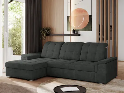 Produktbild von MKS MEBLE Sofa mit Schlaffunktion - Ecksofa mit Schlaffunktion und Bettkasten - Sofa 3 Sitzer - Schlafsofa - Couch - Schlafsofa mit Bettkasten - Madrito L - Dunkelgrau Struktur - Links Seite