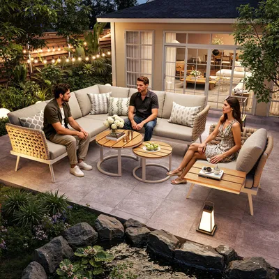 Produktbild von Merax L-förmiges Gartensofa-Set mit 2 Couchtischen und Sessel, Gartenmöbel Set mit handgeflochtene Armlehnen, wetterfest, Polster für 6 Personen,Beige