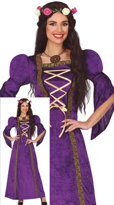 Imagen del producto de Traje de "Burgfräulein" para mujer, vestido medieval largo color morado con cordones, ideal para disfraces de noble dama, carnaval o fiestas temáticas. Talla: 38 - 40 (M). Color: Morado