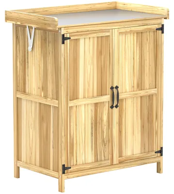 Produktbild von Gartenschrank,WerkzeugschrankfürdenAußenbereich,mitArbeitsfläche,HolzundEdelstahl,Doppeltüren,Naturholz