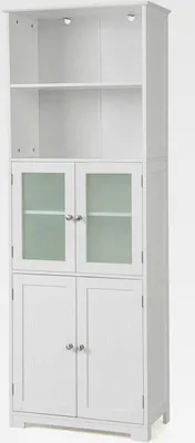 Produktbild von Badezimmerschrank, mit Glastüren, 2 offenen Fächern & verstellbaren Regalen, Badschrank Hochschrank Holz, Badkommode Aufbewahrungsschrank für Badezimmer, Küche, Wohnzimmer (Weiß)