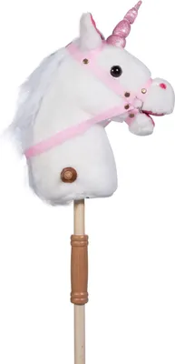 A white plush unicorn hobby horse on a wooden stick, against a white background.