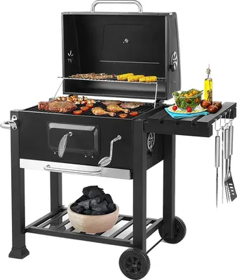 Image de Barbecue au charbon de bois, plaque de charbon de bois réglable en hauteur, grande surface de cuisson, design facile à déplacer