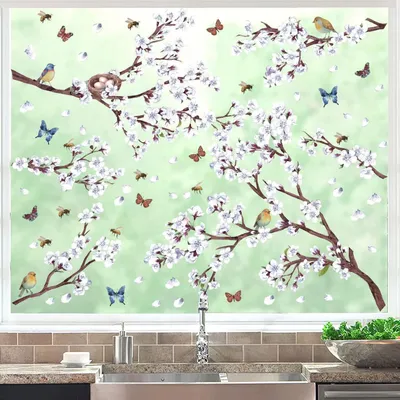 Productafbeelding van Raamstickers, lente, bloemen, vogels, vlinders, muurstickers, vinyl, PVC, verwijderbaar