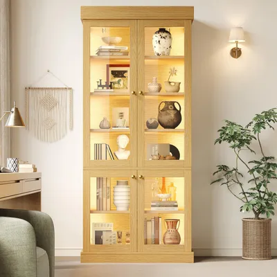 Productafbeelding van MODFU Glazen vitrine met LED-verlichting, hoge vitrine met meerdere legplanken, 80x40x180 cm, bijzettafel met omvalbeveiliging, natuurlijke bruine kleur
