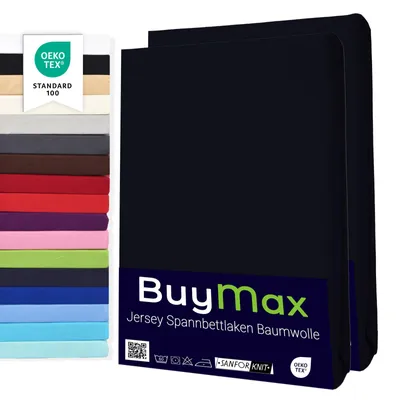 Produktbild von Buymax Spannbettlaken 180x200cm Doppelpack 100% Baumwolle Spannbetttuch Bettlaken Jersey, Matratzenhöhe bis 25 cm, Farbe Schwarz