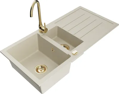 Produktbild von Mexen Andres 1,5-Becken-Granitspüle mit Abtropffläche und Mischbatterie Telma, Beige - 6515-69-670200-50