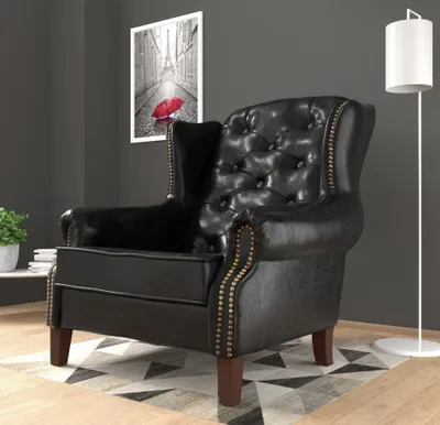 Produktbild von S-STYLE MÖBEL - Chesterfield Ohrensessel Vento mit Steppung und Holzfüßen aus Schwarz veganem Leder, B/T/H: 102 cm/ 93 cm/ 102 cm