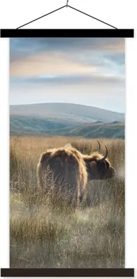 Produktbild von MuchoWow® Textilposter Schottische Hochlandrind - Nebel - Gras 40x80 cm mit schwarzem Rahmen - Wandemalerei