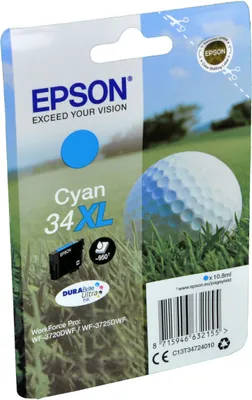 Produktbild von Epson Golf ball 34XL Golfball DURABrite Ultra Single Cyan Tinte, Hohe (XL-) Ausbeute, Cyan, 10,8 ml, 1 Stück(e), 950 Seiten