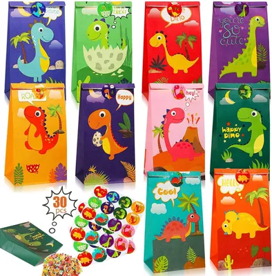 Productafbeelding van Papieren zakjes voor kinderverjaardag - Set van 30 - Kleine kleurrijke dinosauruscadeauzakjes met stickers - Snoepzakjes