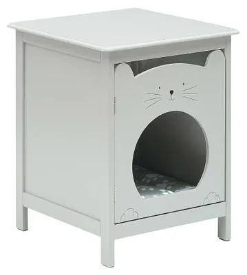 Image de Table de chevet avec niche pour chat - Table d'appoint - Niche intégrée - Tapis moelleux inclus - Pour le salon et la chambre à coucher - Gris clair