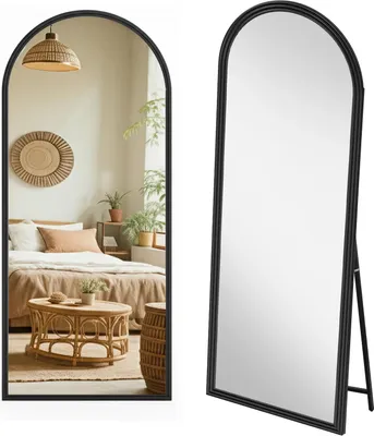 Image de Miroir pleine longueur, cadre en bois incurvé, support réglable, noir, 160 x 50 cm